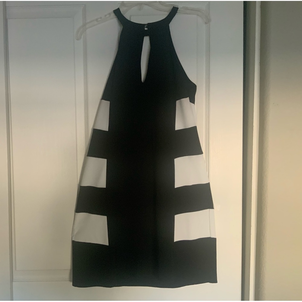 Color blocked black and white designer cocktail dress
